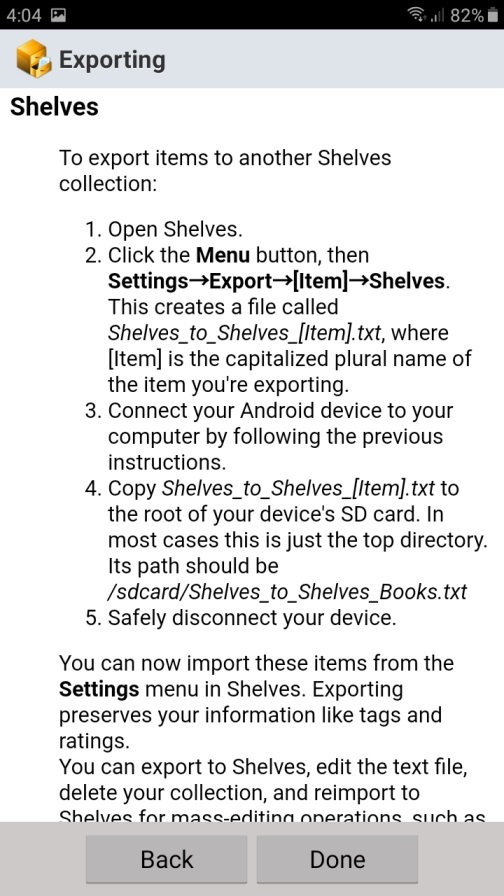 Export instructions in Shelves database