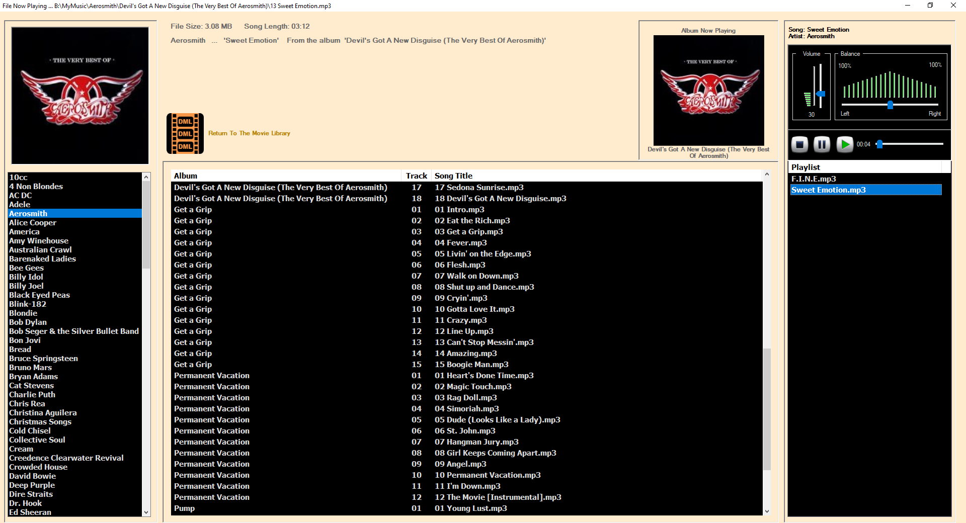 Example image of the cd/music library With Songs Selected