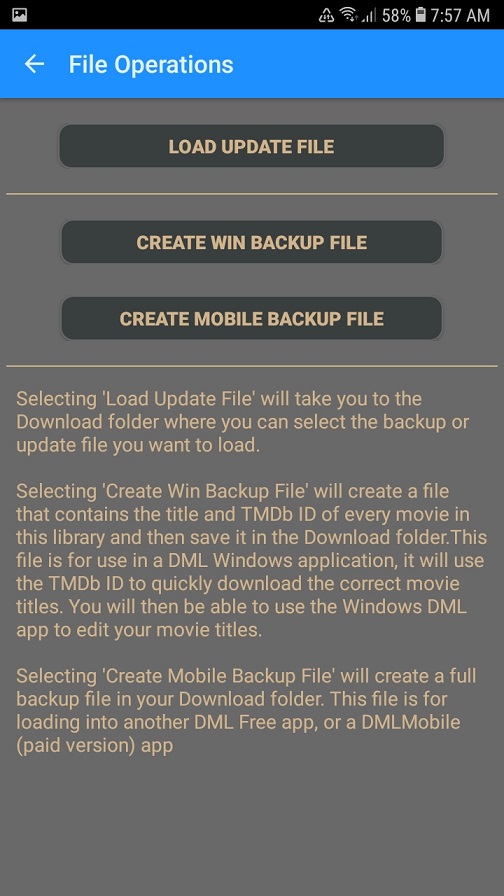 DMLMobile File Operations options