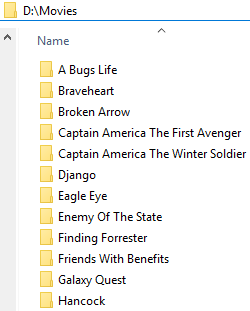 Windows Explorer view of movie folder containing separate movie file folders