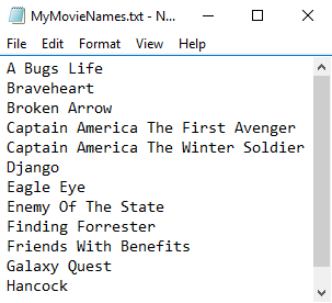 View of text file containing movie titles to download